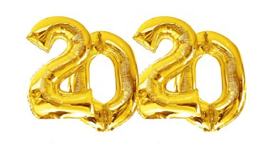 Yeni yıl ve mutlu Noeller 2020 kutlama konsepti. Beyaz arka planda 2020 numaralı altın folyo balonları izole edilmiştir.