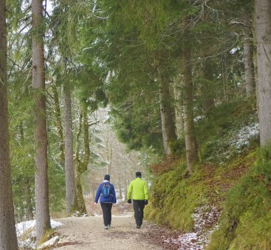 Kış Gölü boyunca huzurlu bir yolda yürüyen bir çiftin arka görüntüsü. Erkek ve kadın çift güneşli sabahlarda yürüyorlar. Kış mevsimi.  