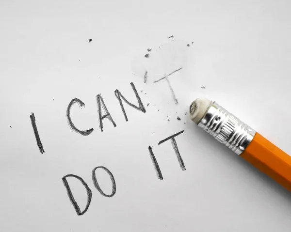 One Yellow Pencil Eraser Eraser Replace Can Cant Inscrption Motivation — Stock Photo, Image