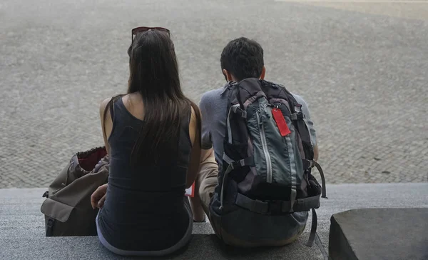 Young Happy Couple Sitting Stone Stairs Berlin Germany — Stok fotoğraf