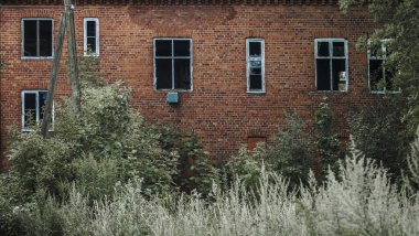 Alman kırmızı tuğlalı evinin dışı. Kahverengi kiremitli çatı. Evin ön cephesi yeşil çimenler ve ağaçlarla çevrili. Kaliningrad bölgesi, Pravdinsk (Friedland), Rusya. Doğu Prusya