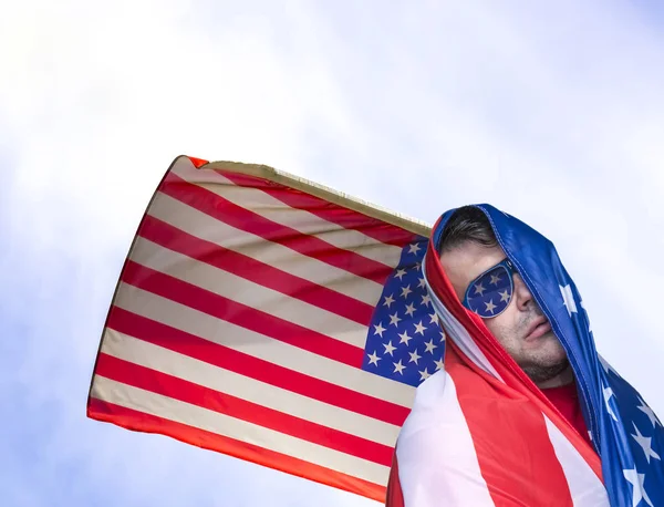 Independence Day United States America Adult Man Wrapped American Flag — Stock Photo, Image