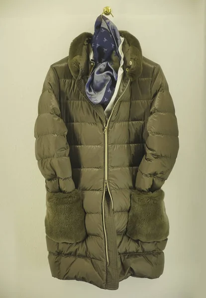 Yeşil Haki Rengi Kadın Kış Ceketi Kapüşonsuz Iki Fermuarlı Giysiler — Stok fotoğraf