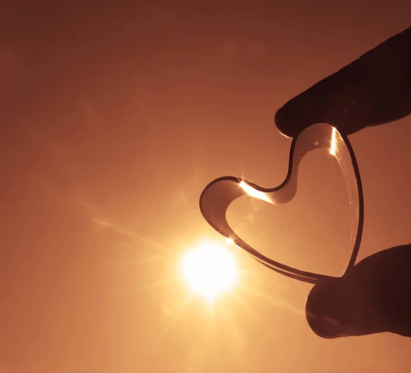 Silhouette One Heart Shape Hand Sunrise Sky Background — Stock Photo, Image