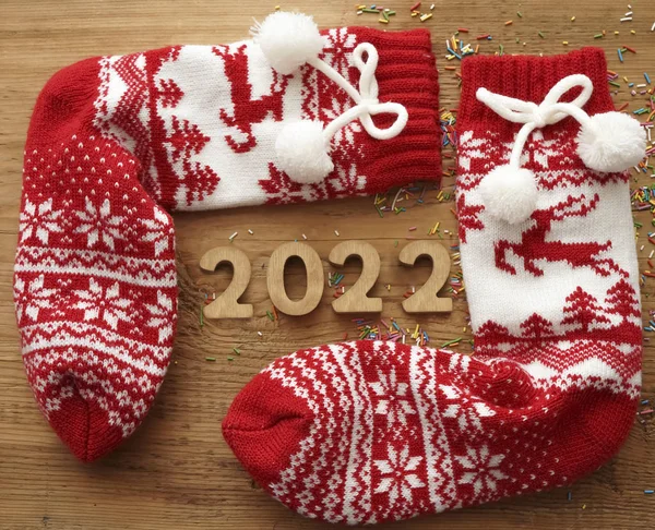 Pair Colorful Red Socks Deer Christmas Tree Pattern Happy New — Stock Photo, Image