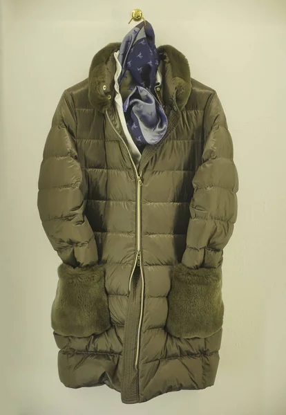 Green Khaki Female Winter Jacket Hood Fur Two Zippers Outerwear — 스톡 사진