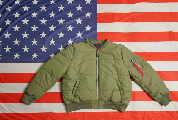 Green Khaki Military Bomber Jacket Isolated American Flag Background — 스톡 사진