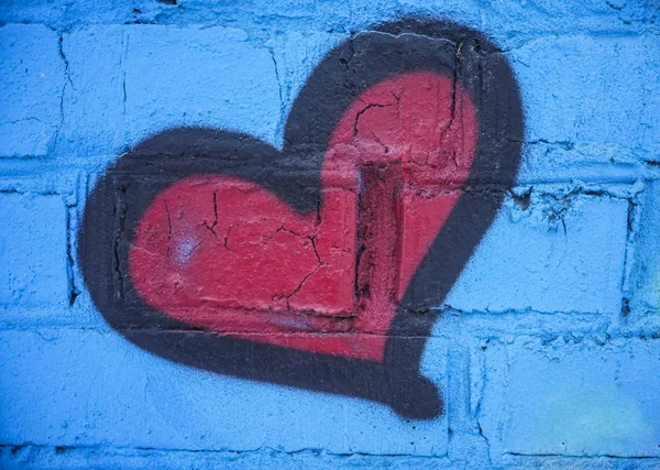 Symbol Love Red Heart Painted Blue Brick Wall Background Valentines — 스톡 사진