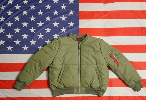 Green Khaki Military Bomber Jacket Isolated American Flag Background — 스톡 사진