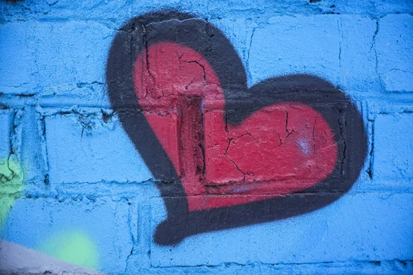 Symbol Love Red Heart Painted Blue Brick Wall Background Valentines — 스톡 사진