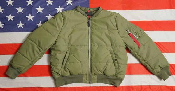Green Khaki Military Bomber Jacket Isolated American Flag Background — ストック写真