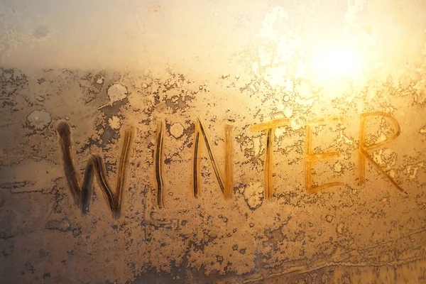 Text Word Winter Scraped Frosty Glass Covered Orange Frost Crystals — Stok fotoğraf