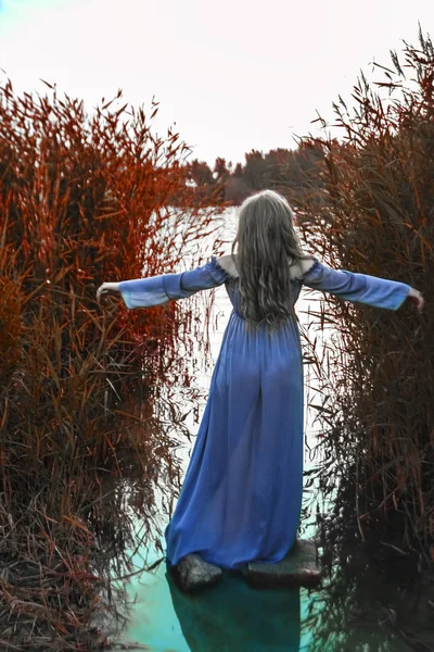 Terug Van Blonde Sensuele Vrouw Lange Jurk Staande Het Water — Stockfoto