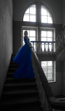 Uzun Elbiseli Arkadan Bakış Merdiveni 'nde bir kadın, Gizemli Yol' da Yükselen Kız. Terk edilmiş eski duvar çitlerine karşı duran genç, güzel beyaz kadın portresi. Sarışın, sevimli kız mavi seksi elbisesiyle kameraya bakıyor.