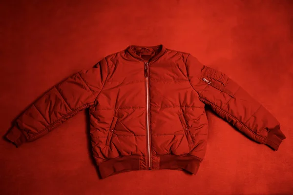red   casual bomber jacket isolated on green background.