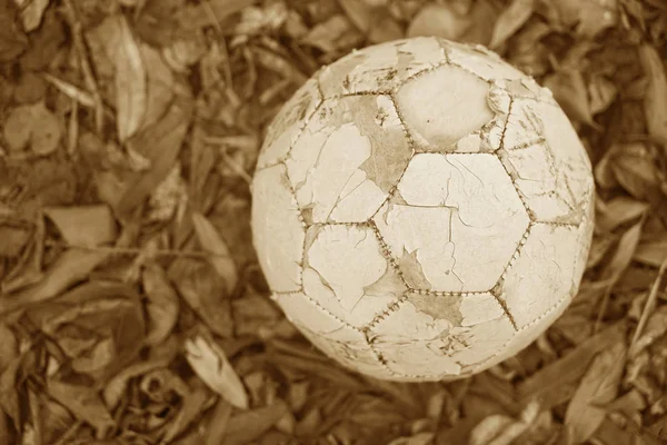 Old abandoned soccer ball in goal over the autumn leaves.Old, tattered soccer ball in the yellow and brown autumn leaves. white and black