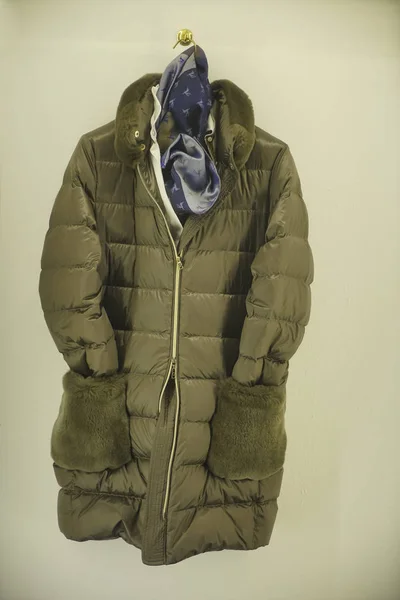 green khaki  female winter jacket without a hood with fur, with two zippers. Outerwear. A long crimson jacket, isolated on a olive wall background.
