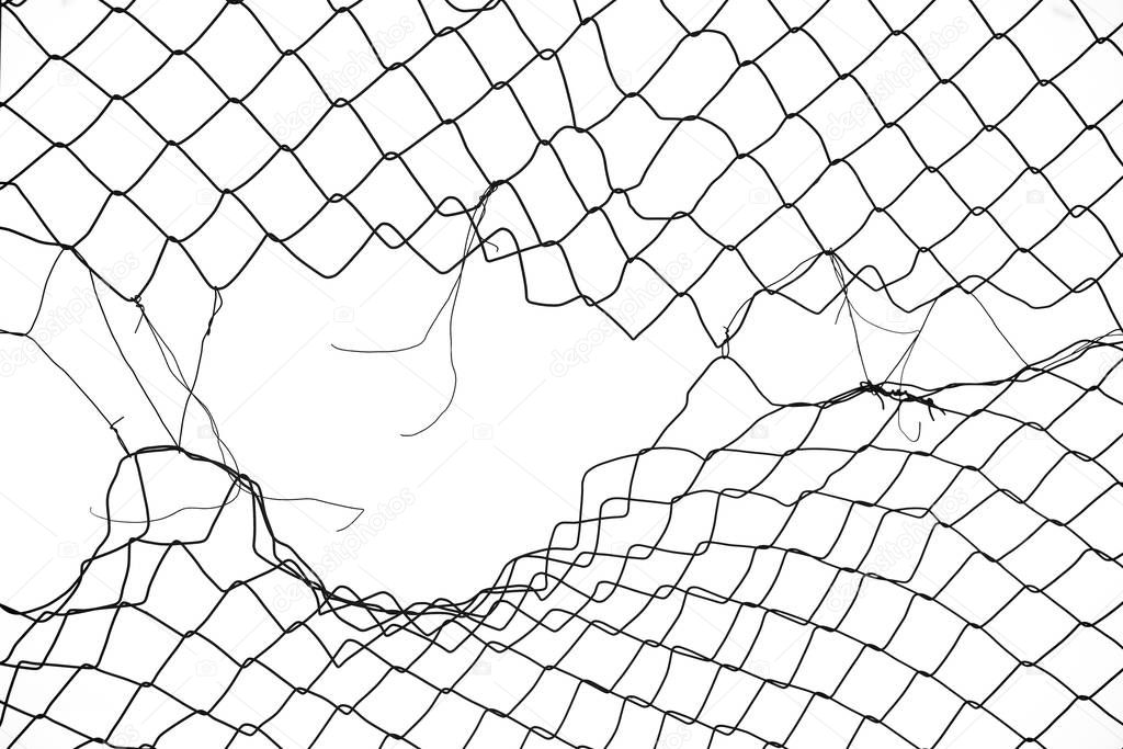 damage wire mesh on white background. Mesh netting with hole isolated on white background            