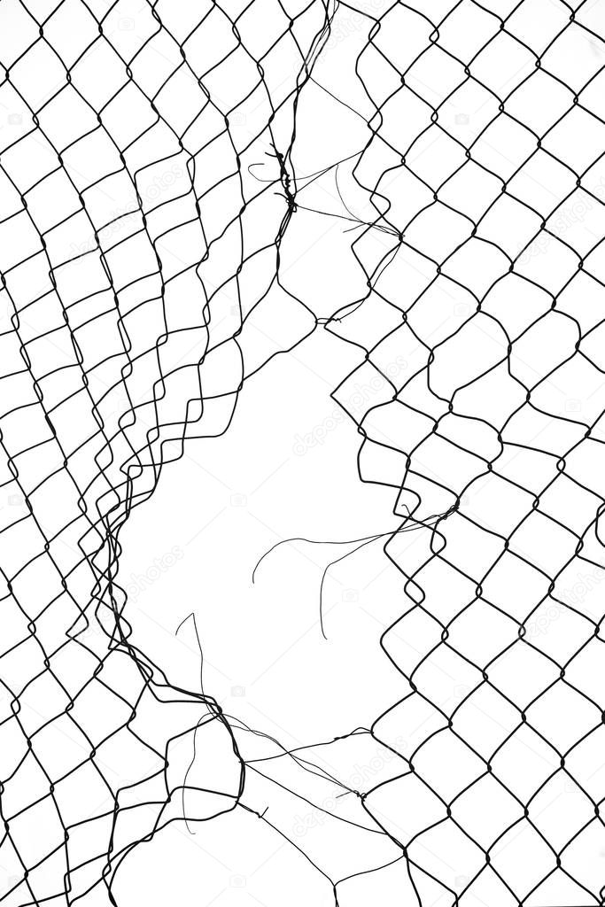 damage wire mesh on white background. Mesh netting with hole isolated on white background            