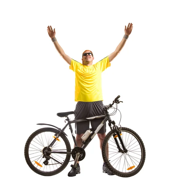 Happy Cheerful Cyclist Standing Bicycle Isolated White Background Hands Successful — Stock Photo, Image