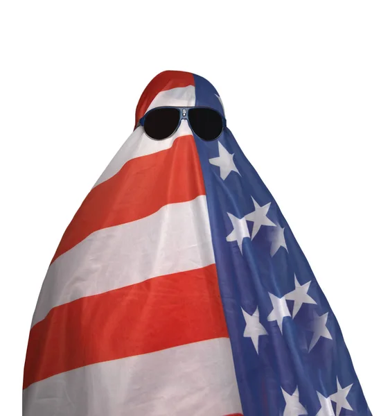 Концепция Иммиграции Людей Мусульманка Мужчина Хиджабе Американским Флагом Изолированным Белом — стоковое фото