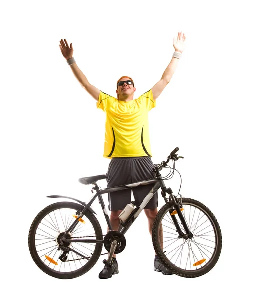 Happy Cheerful Cyclist Standing Bicycle Isolated White Background Hands Successful — Stock Photo, Image