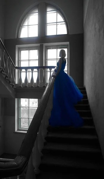 Kobieta Długiej Sukience Powrót Widok Tyłu Wspinaczka Kamienne Schody Dziewczyna — Zdjęcie stockowe