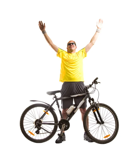 Happy Cheerful Cyclist Standing Bicycle Isolated White Background Hands Successful — Stock Photo, Image