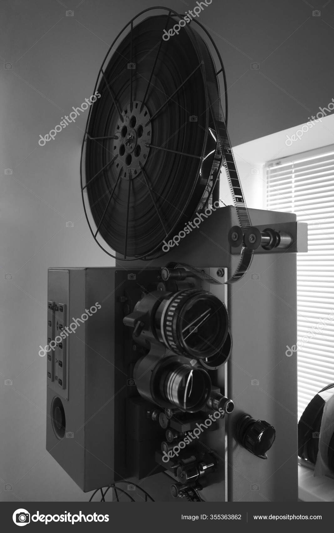 Old 16Mm 35Mm Film Projector Isolated Gray Wall Background Vintage