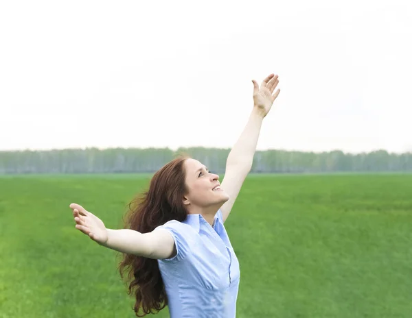 Femme Rousse Bouclée Heureux Souriant Joyeux Avec Les Mains Air — Photo