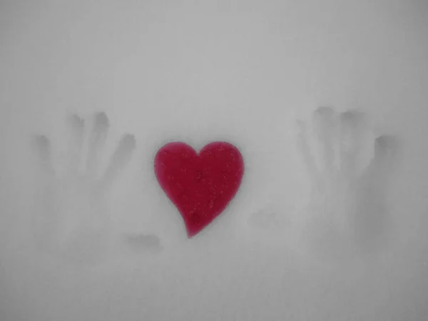 Izi Arasında Bir Kırmızı Kalp Yumuşak Karın Üzerinde Bir Izi — Stok fotoğraf