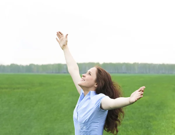 Femme Rousse Bouclée Heureux Souriant Joyeux Avec Les Mains Air — Photo