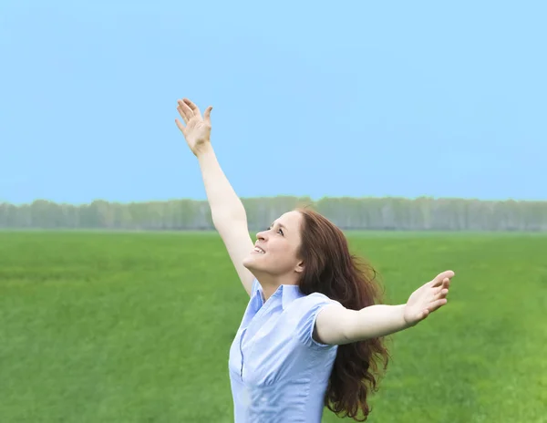 Femme Rousse Bouclée Heureux Souriant Joyeux Avec Les Mains Air — Photo