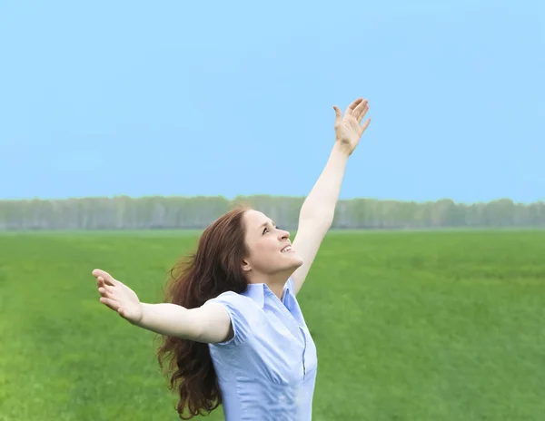 Femme Rousse Bouclée Heureux Souriant Joyeux Avec Les Mains Air — Photo