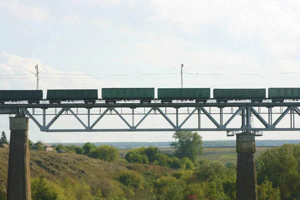 Τρένο Ανεβαίνει Στη Σιδηροδρομική Γέφυρα Εμπορευματικές Αμαξοστοιχίες Στη Σιδηροδρομική Γέφυρα — Φωτογραφία Αρχείου
