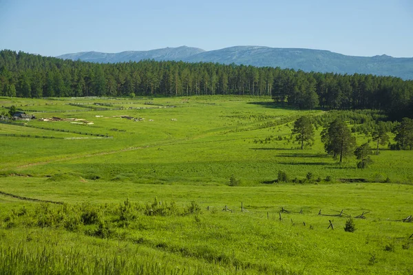 Vista Incrível Casas Pinheiros Montanhas Urais South Ural Paisagem Cênica — Fotografia de Stock