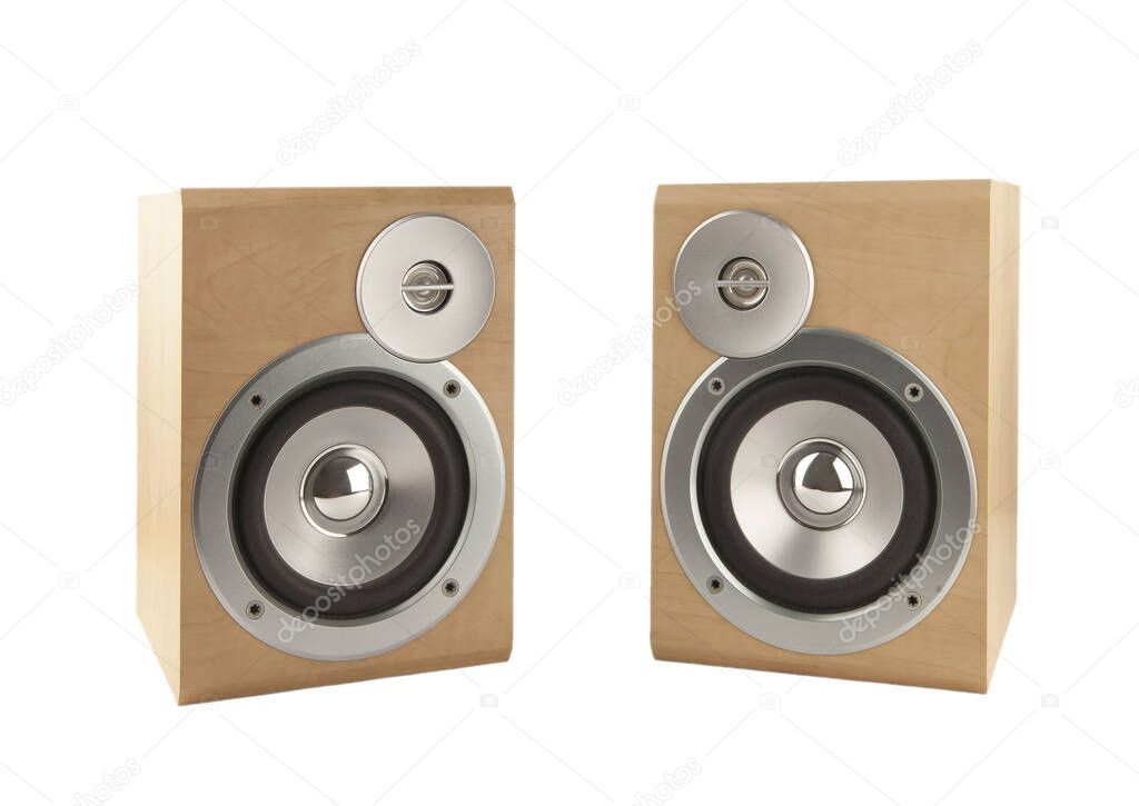 Two wooden speakers isolated on white background. 