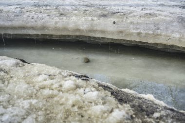 Nehirde turkuaz katmanlı buz. Nehirde katmanlı turkuaz buz var. Güney Ural Rusya. Buz parçaları ince katmanlı donmuş nehir suyunun altında.. 