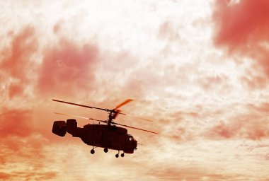 Yeşil çimlerin üzerinde uçan Rus askeri helikopterinin silueti. bulutlu gökyüzü.