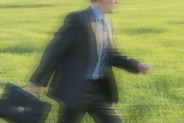 Businessman with briefcase walking along green grass field on background. springtime season. business idea. Man with portfolio bag going on green wheat lawn