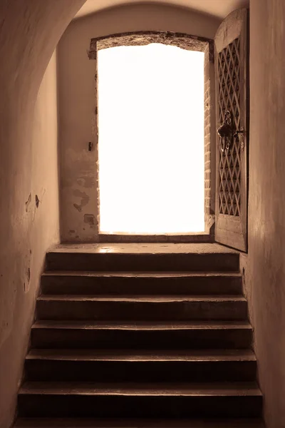 Старинные Деревянные Двери Ведущие Лестнице Открыть Историческую Дверь Пустое Пространство — стоковое фото