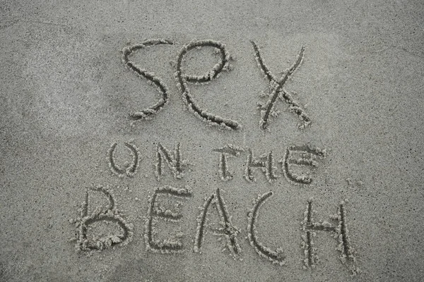 Sexo Playa Escrito Textura Arena Vista Superior — Foto de Stock