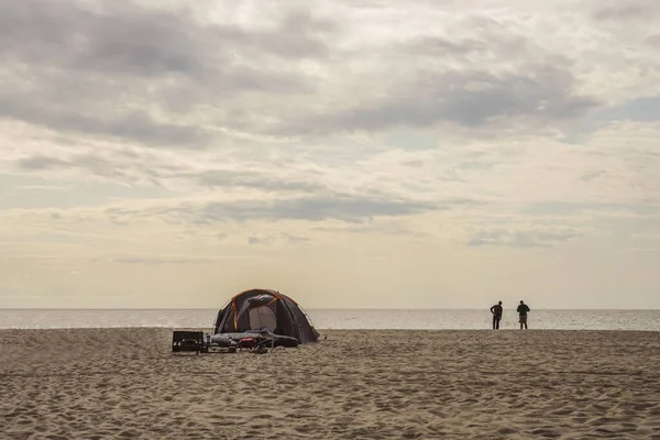 Men Tent Enjoying Camping Beach — Stock Photo, Image
