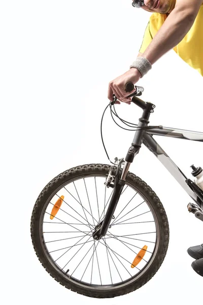 Hombre Bicicleta Volante Bicicleta Aislado Sobre Fondo Blanco —  Fotos de Stock