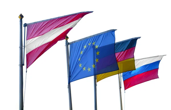 Banderas Tres Países Polonia Alemania Rusia Unión Europea Sobre Fondo —  Fotos de Stock