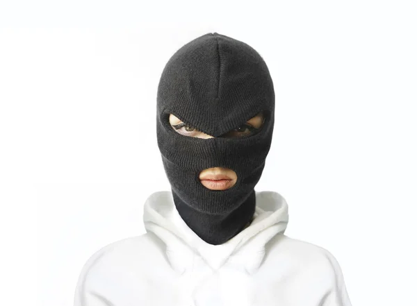 Vrouw Dragen Witte Hoodie Bivakmuts Zwart Masker Geïsoleerd Witte Muur — Stockfoto