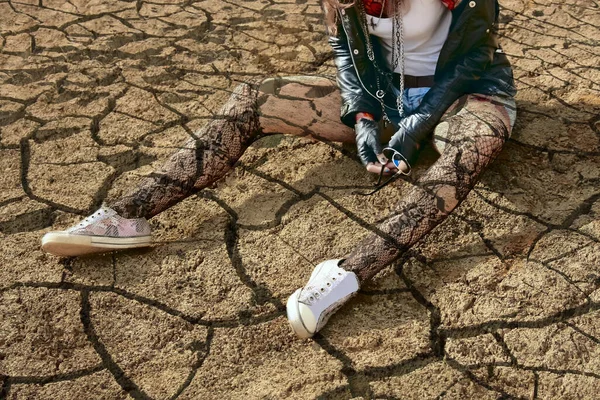 Sexy Pensive Woman Black Torn Pantyhose Sitting Dry Land Cracks — Stock Photo, Image