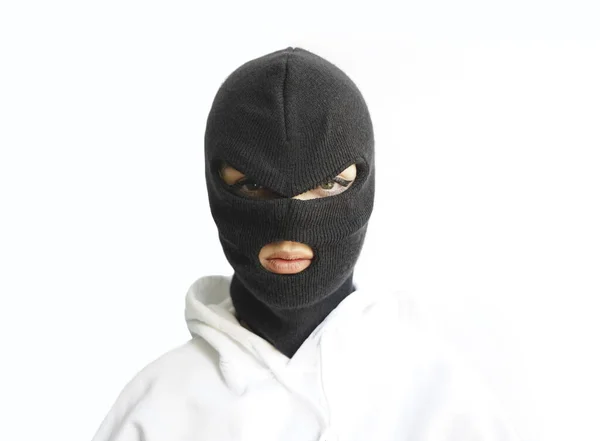 Vrouw Dragen Witte Hoodie Bivakmuts Zwart Masker Geïsoleerd Witte Grijze — Stockfoto