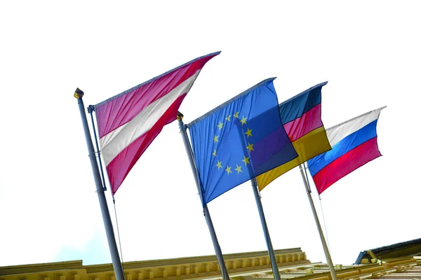 Flags Three Countries Poland Germany Russia European Union White Sky — Stock Photo, Image