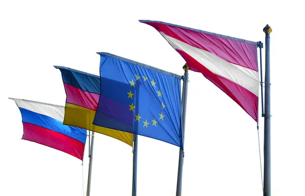 Banderas Tres Países Polonia Alemania Rusia Unión Europea Sobre Fondo —  Fotos de Stock